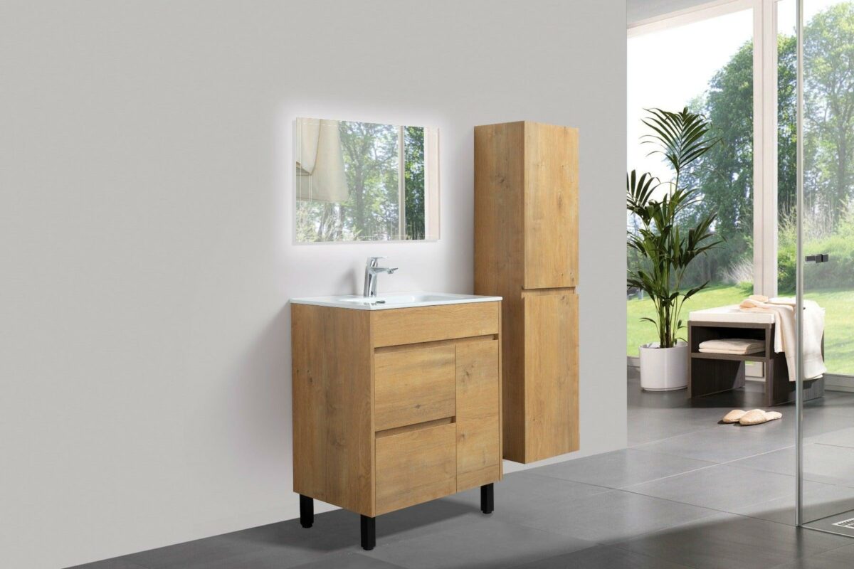 30" Rough Oak Freestanding Bathroom Vanity with White Ceramic Countertop - Image 7