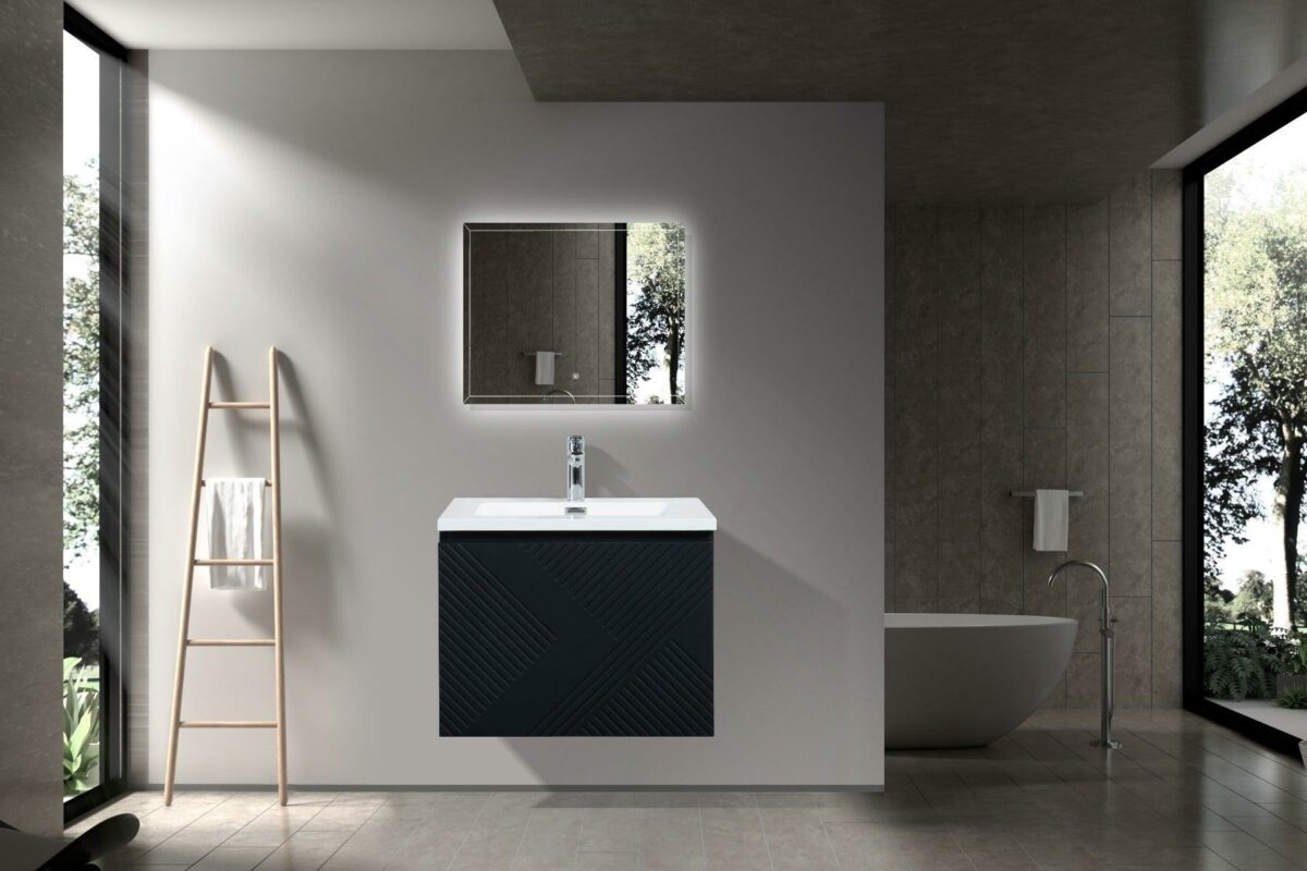 24" Black Wall Mount Bathroom Vanity with White Polymarble Countertop Roxboro – Image 7