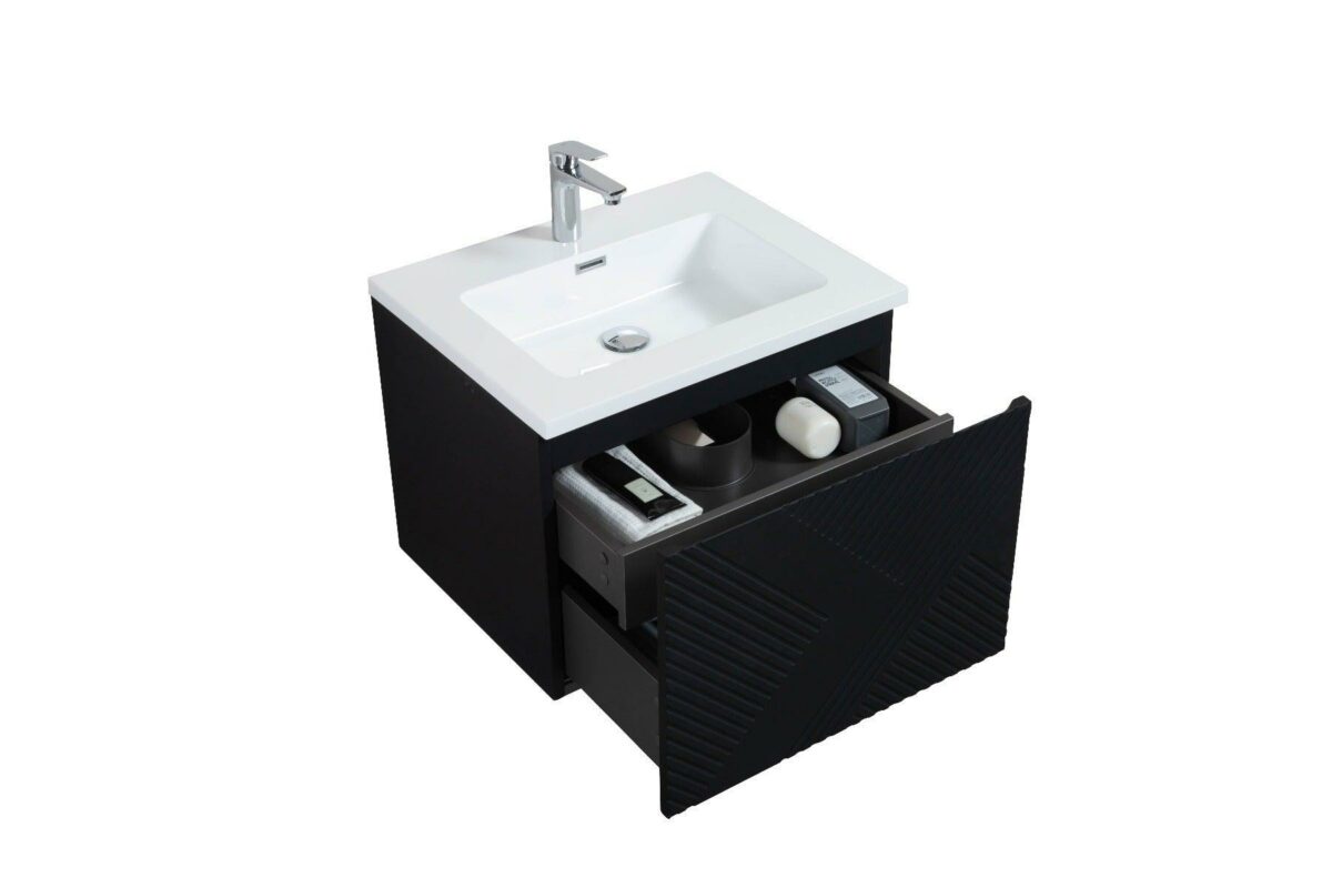 24" Black Wall Mount Bathroom Vanity with White Polymarble Countertop Roxboro – Image 3
