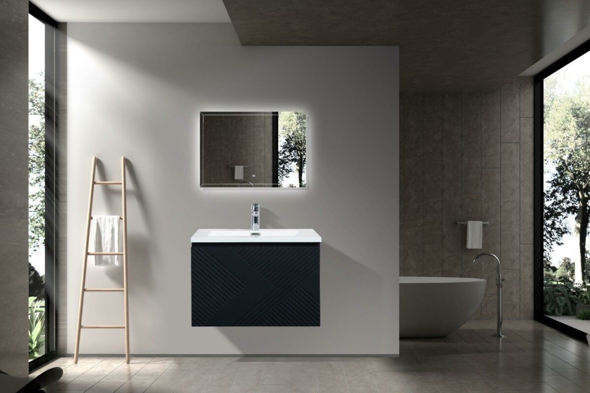 36" Black Wall Mount Bathroom Vanity with White Polymarble Countertop Roxboro – Image 4
