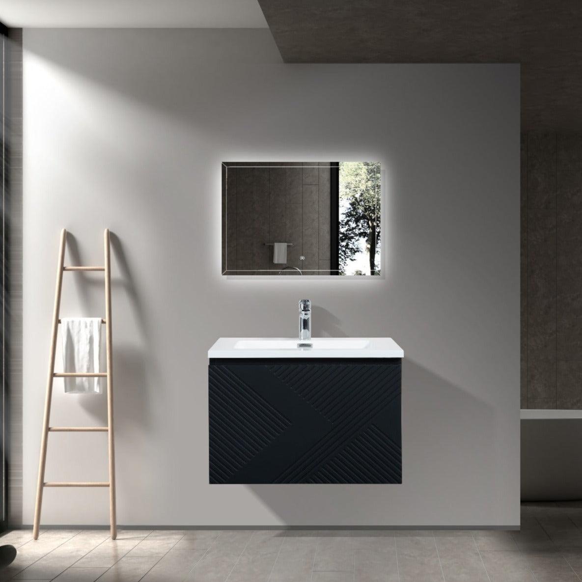 36" Black Wall Mount Bathroom Vanity with White Polymarble Countertop Roxboro – Image 1