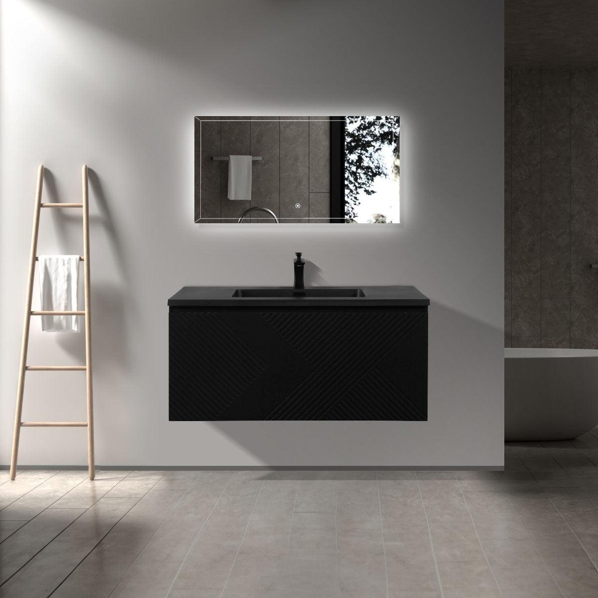 40" Black Wall Mount Bathroom Vanity with Black Engineered Quartz Countertop Roxboro – Image 1