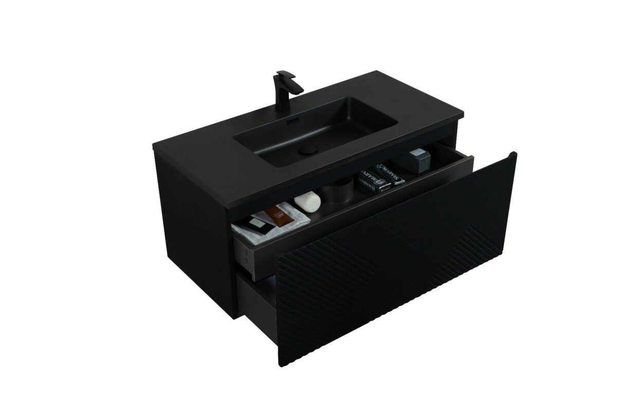 40" Black Wall Mount Bathroom Vanity with Black Engineered Quartz Countertop Roxboro – Image 7