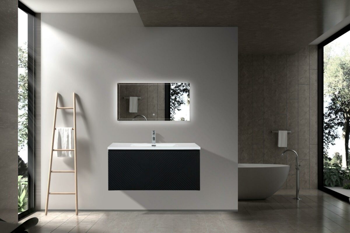 40" Black Wall Mount Bathroom Vanity with White Polymarble Countertop Roxboro – Image 4