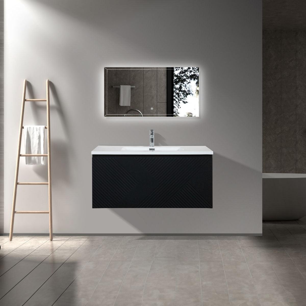 40" Black Wall Mount Bathroom Vanity with White Polymarble Countertop Roxboro - Image 1