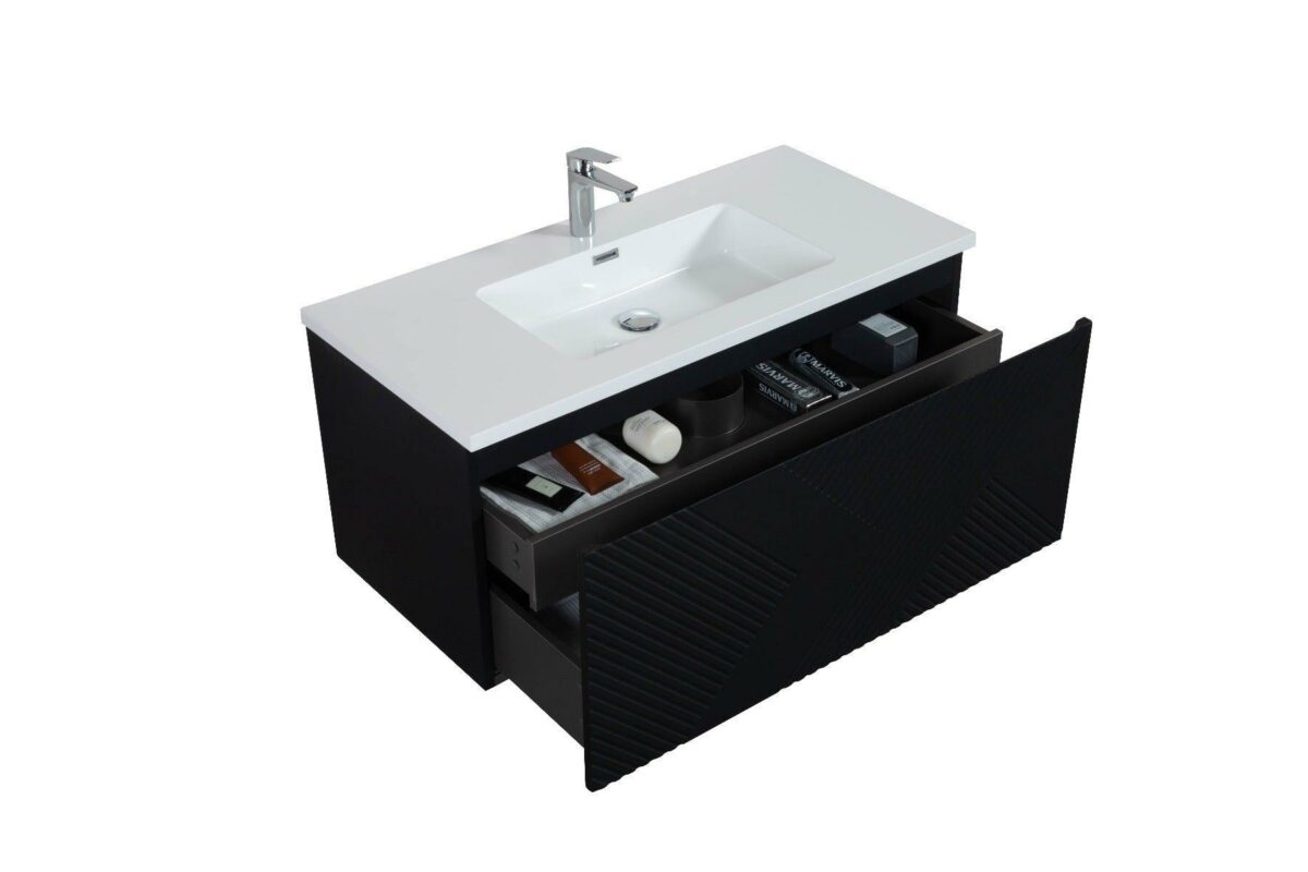 40" Black Wall Mount Bathroom Vanity with White Polymarble Countertop Roxboro – Image 8