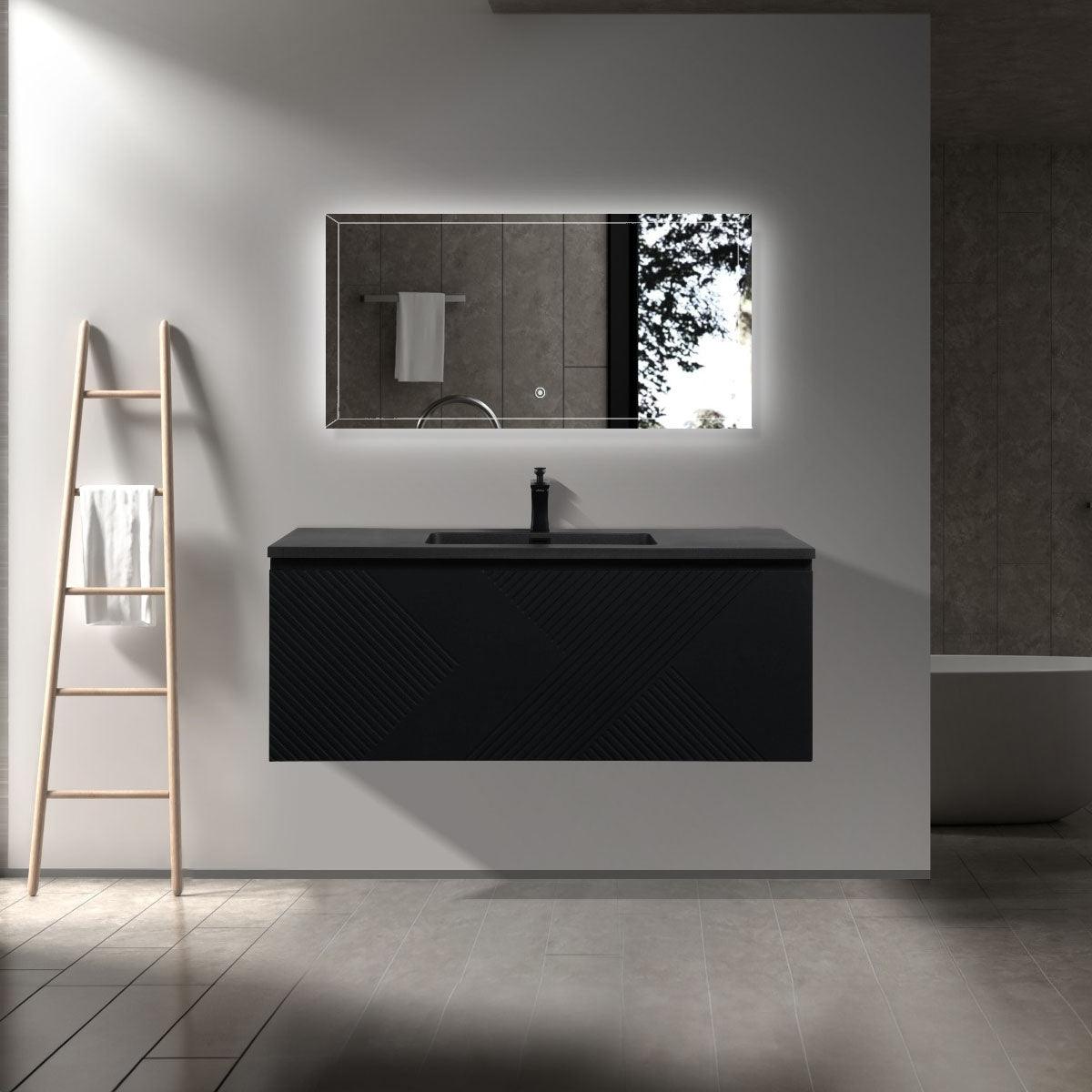 48" Black Wall Mount Bathroom Vanity with Black Engineered Quartz Countertop Roxboro – Image 1
