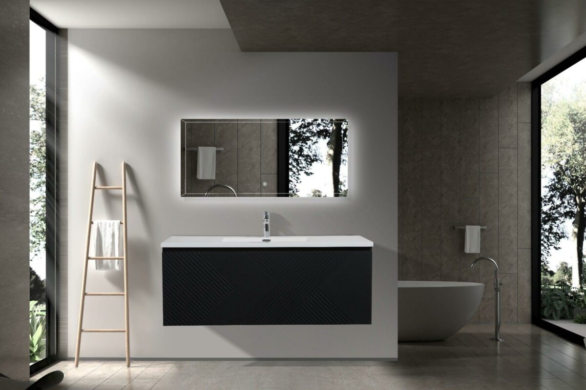 48" Black Wall Mount Bathroom Vanity with White Polymarble Countertop Roxboro – Image 4
