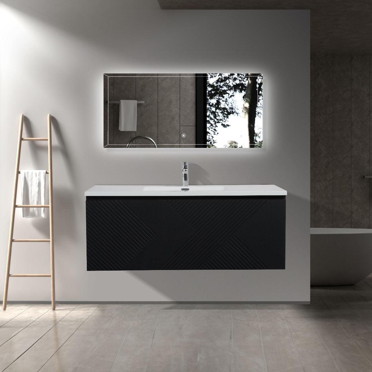 48" Black Wall Mount Bathroom Vanity with White Polymarble Countertop Roxboro – Image 1