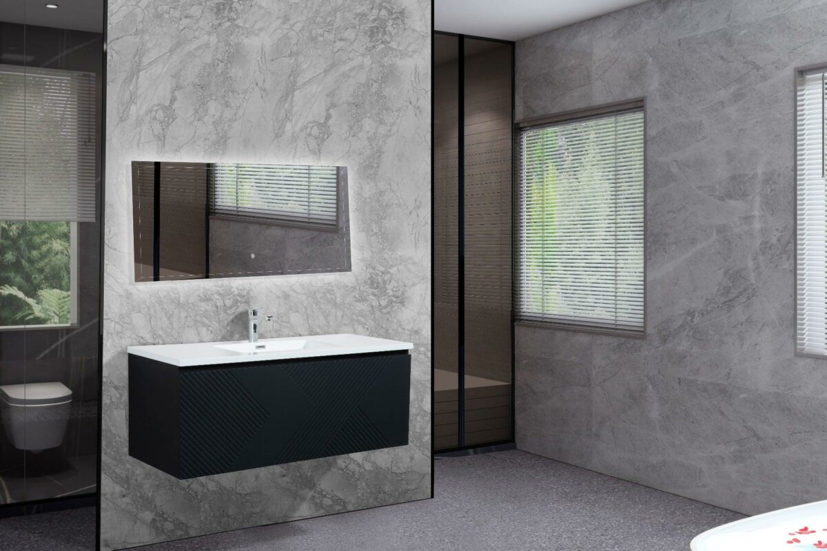 48" Black Wall Mount Bathroom Vanity with White Polymarble Countertop Roxboro – Image 5