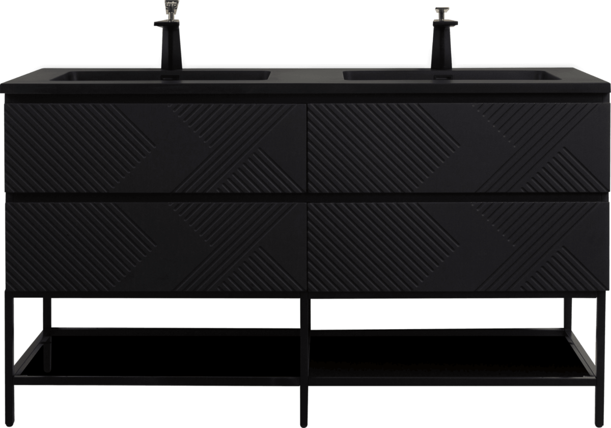 60" Black Wall Mount Bathroom Vanity with Black Engineered Quartz Countertop & Open Shelf - Image 4