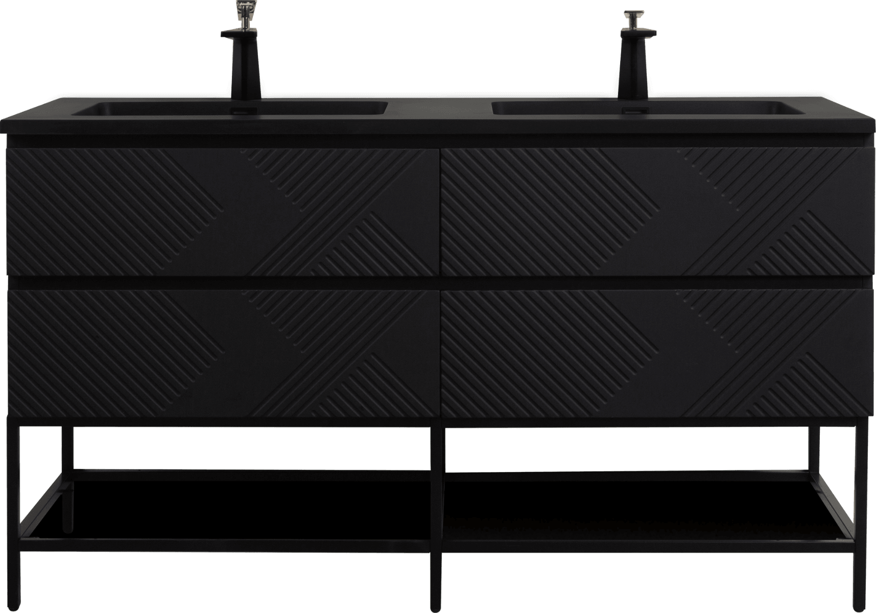 60" Black Wall Mount Bathroom Vanity with Black Engineered Quartz Countertop & Open Shelf - Image 4