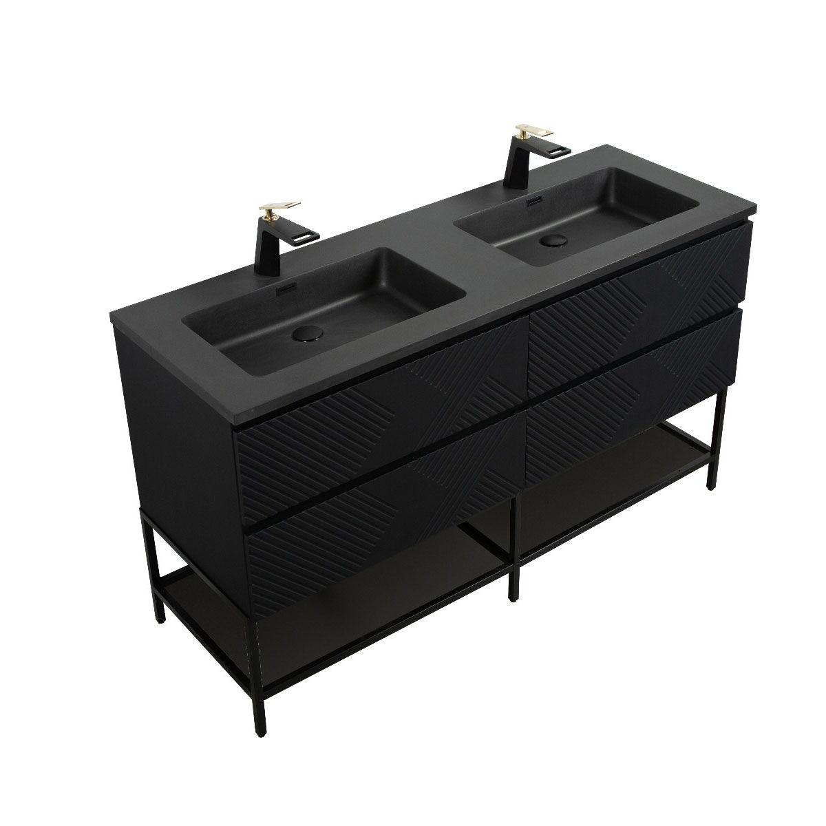 60" Black Wall Mount Bathroom Vanity with Black Engineered Quartz Countertop & Open Shelf - Image 2