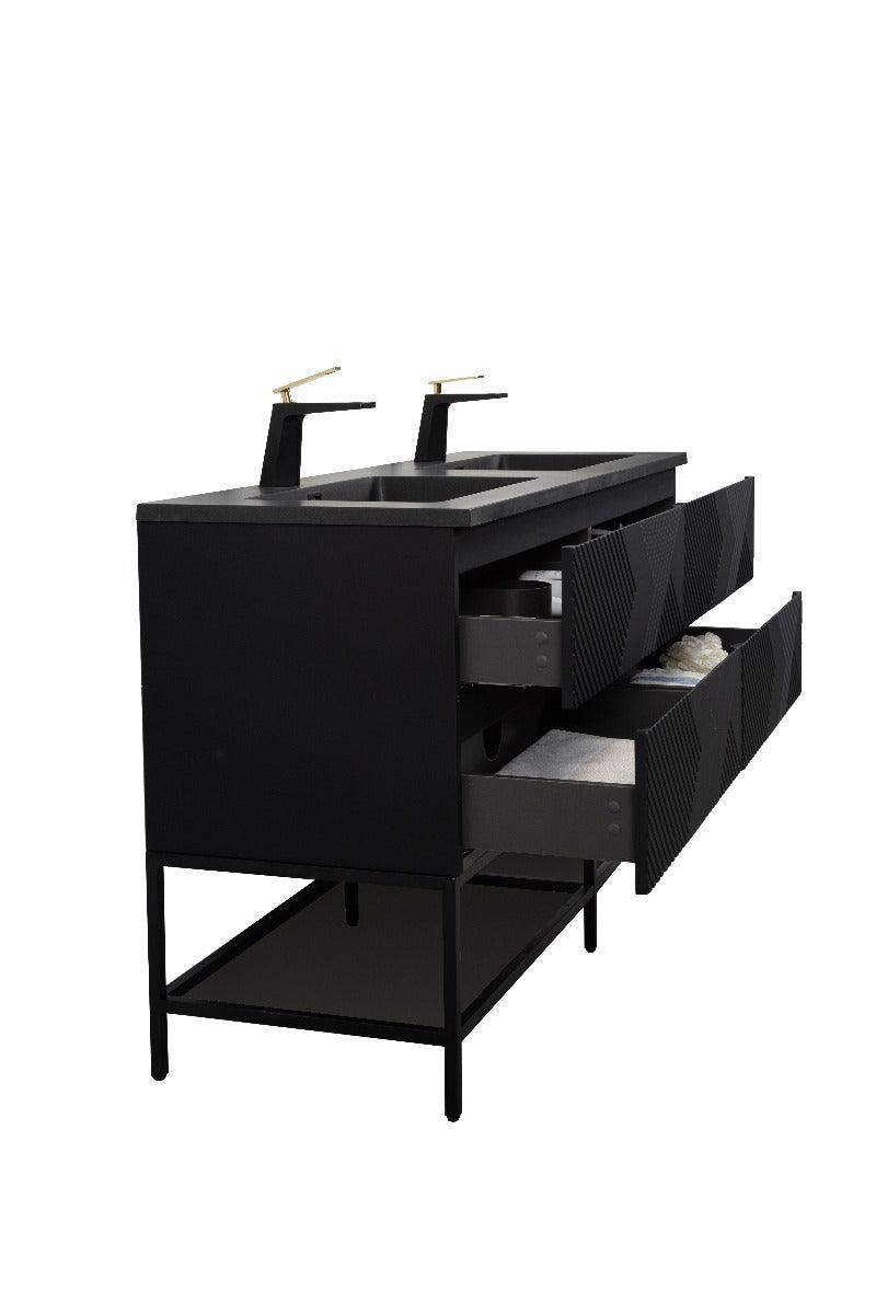 60" Black Wall Mount Bathroom Vanity with Black Engineered Quartz Countertop & Open Shelf - Image 6