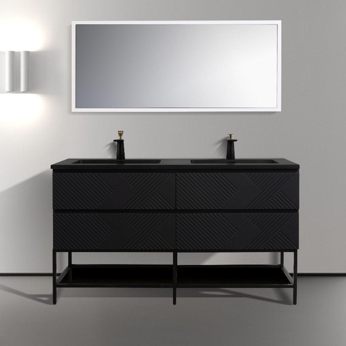 60" Black Wall Mount Bathroom Vanity with Black Engineered Quartz Countertop & Open Shelf - Image 1