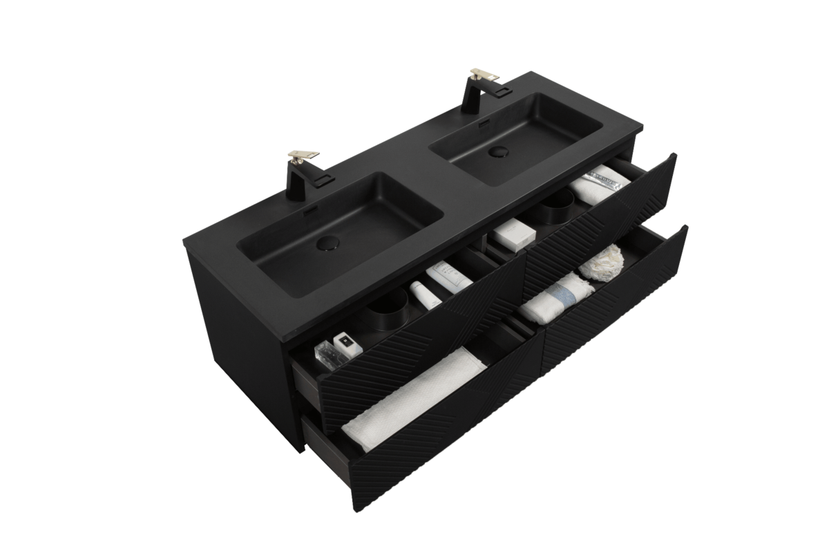 60" Black Wall Mount Bathroom Vanity with Black Engineered Quartz Countertop – Image 2