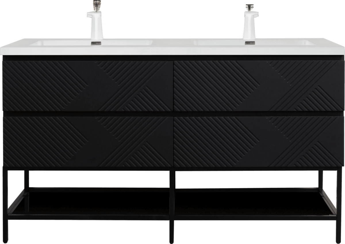 60" Black Wall Mount Bathroom Vanity with White Polymarble Countertop & Open Shelf - Image 4