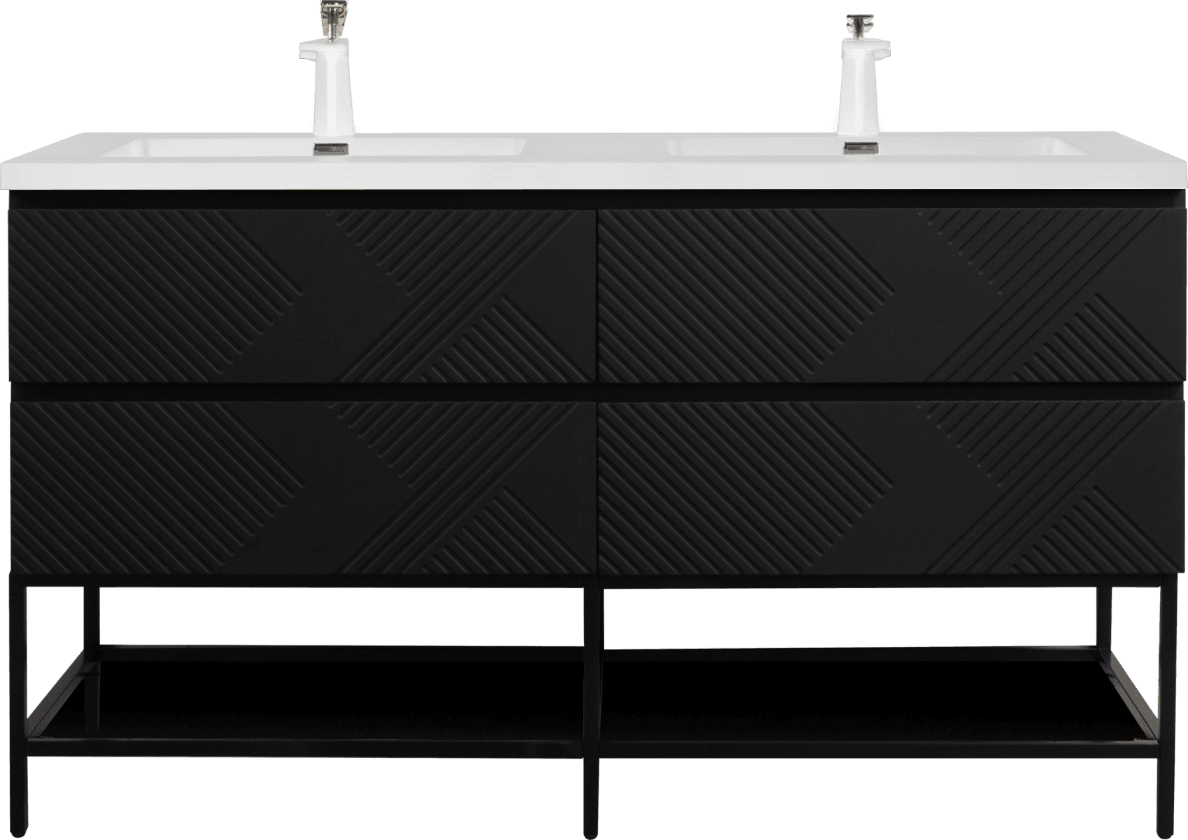 60" Black Wall Mount Bathroom Vanity with White Polymarble Countertop & Open Shelf – Image 4