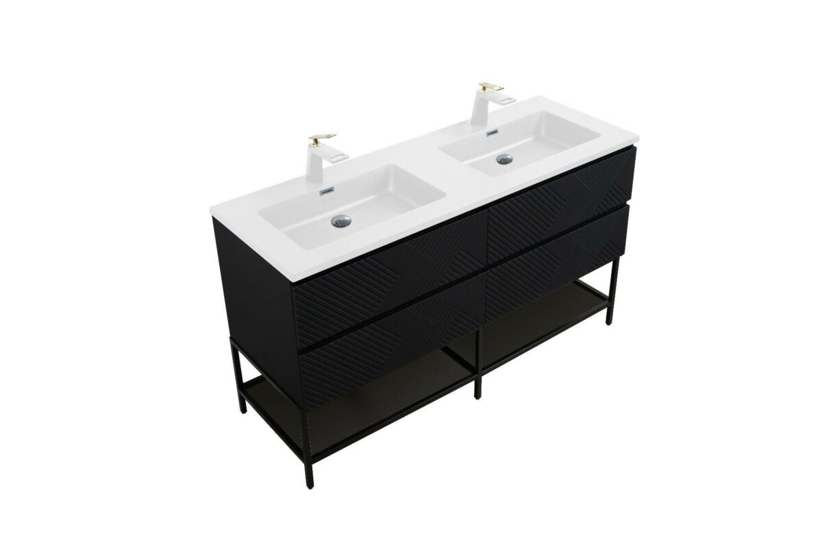 60" Black Wall Mount Bathroom Vanity with White Polymarble Countertop & Open Shelf - Image 6