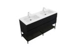 60" Black Wall Mount Bathroom Vanity with White Polymarble Countertop & Open Shelf - Image 6