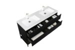 60" Black Wall Mount Bathroom Vanity with White Polymarble Countertop & Open Shelf - Image 3