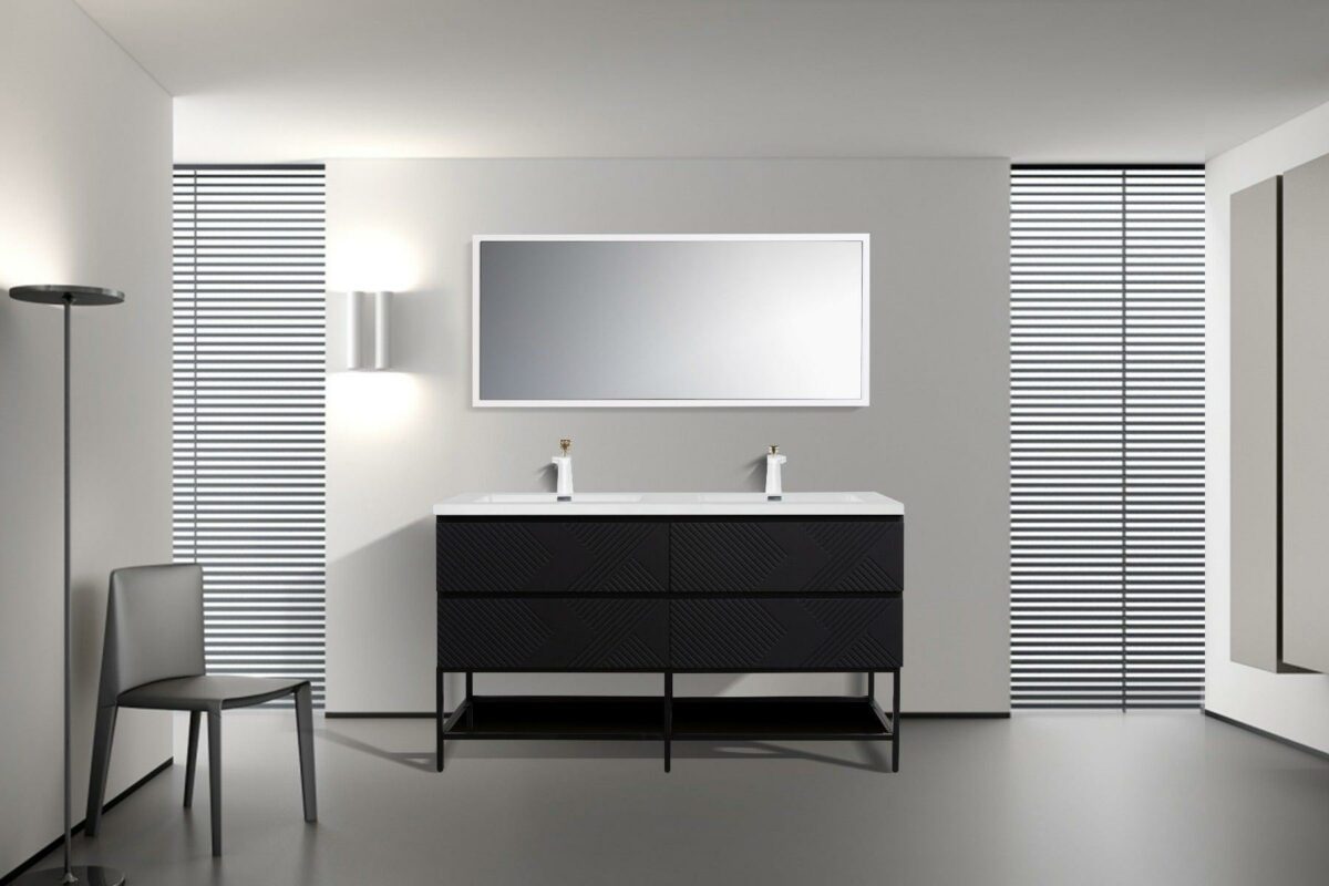 60" Black Wall Mount Bathroom Vanity with White Polymarble Countertop & Open Shelf - Image 5