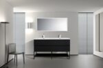 60" Black Wall Mount Bathroom Vanity with White Polymarble Countertop & Open Shelf - Image 5