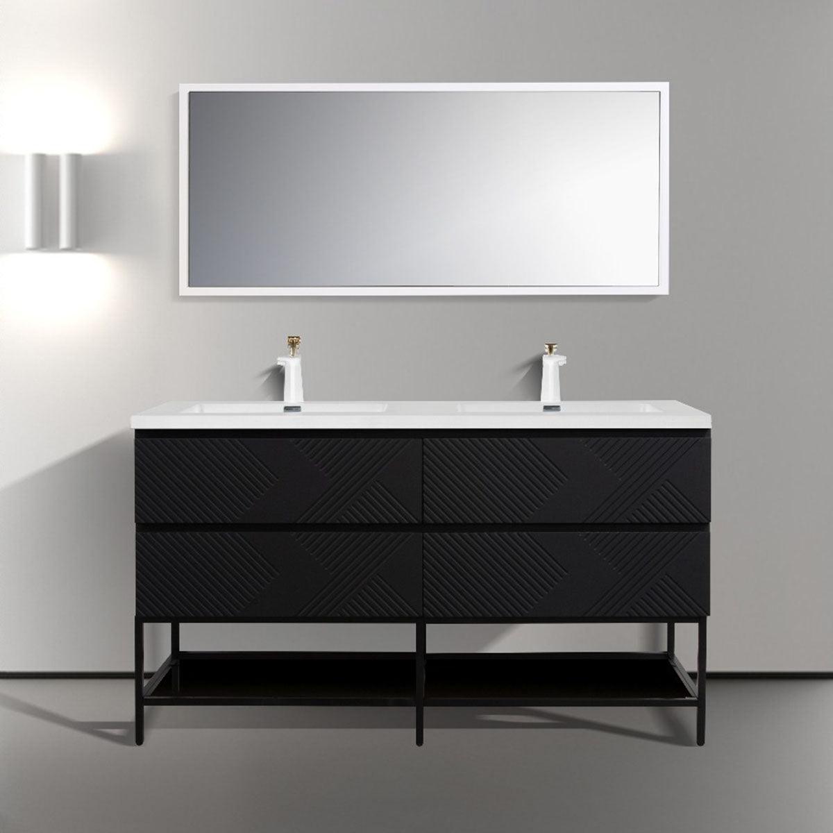 60" Black Wall Mount Bathroom Vanity with White Polymarble Countertop & Open Shelf – Image 1