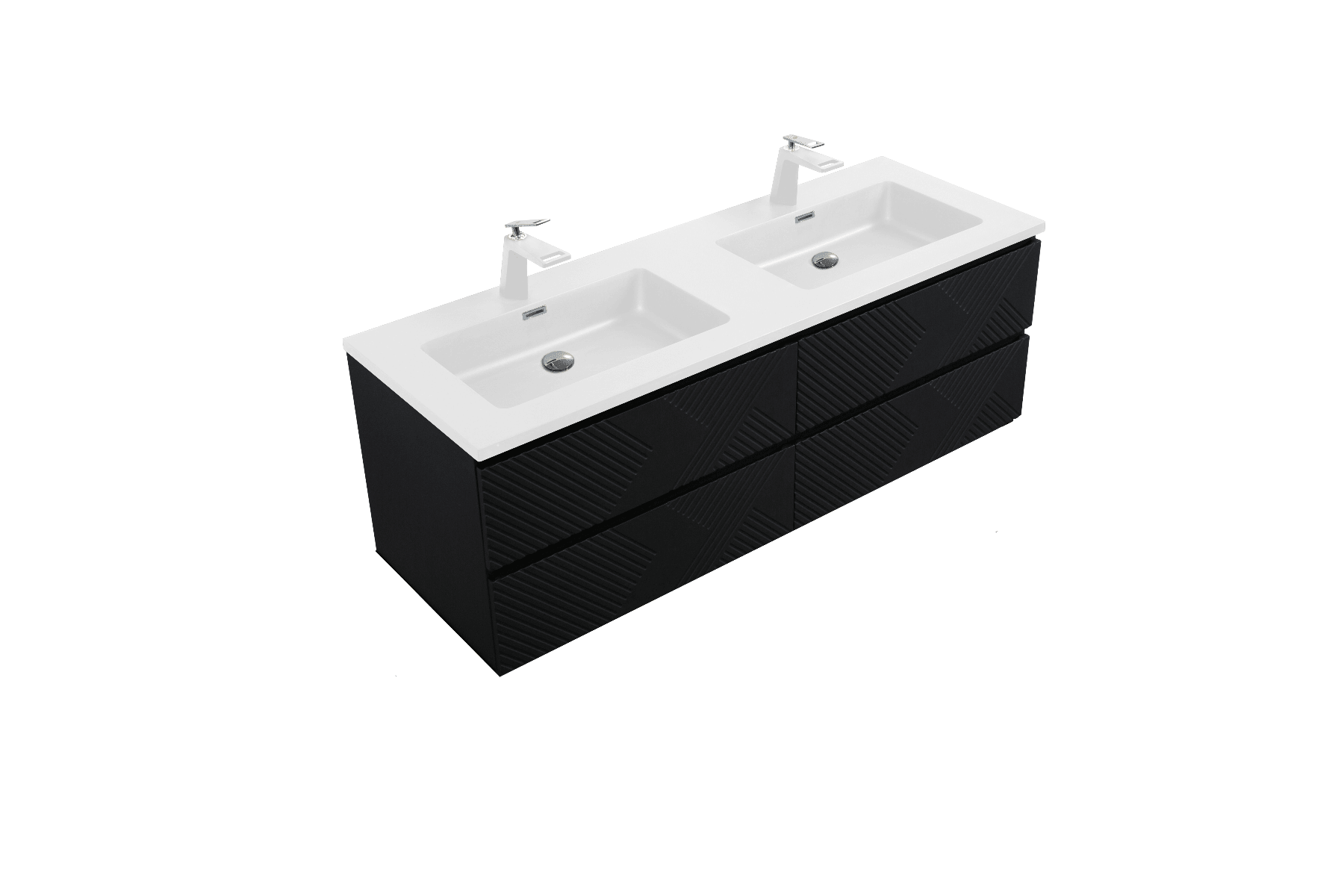 60" Black Wall Mount Bathroom Vanity with White Polymarble Countertop - Image 1