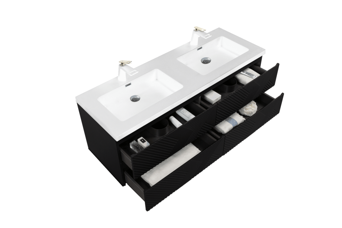 60" Black Wall Mount Bathroom Vanity with White Polymarble Countertop - Image 2