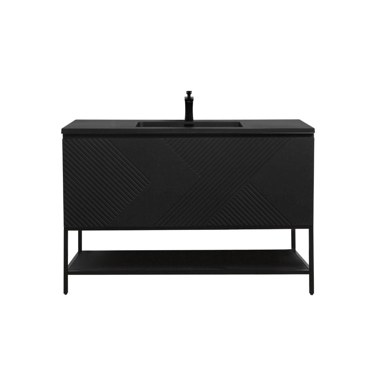 48" Black Wall Mount Bathroom Vanity with Black Engineered Quartz Countertop & Open Shelf - Image 2