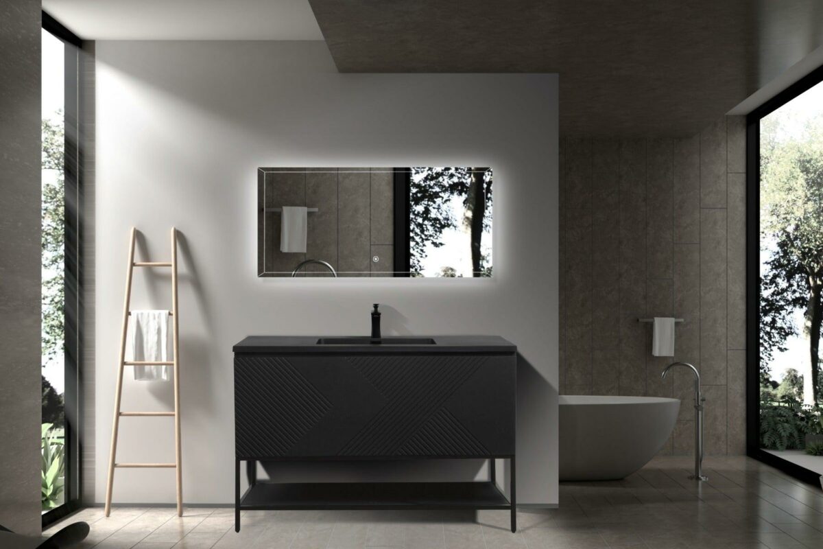 48" Black Wall Mount Bathroom Vanity with Black Engineered Quartz Countertop & Open Shelf – Image 3