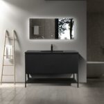 48" Black Wall Mount Bathroom Vanity with Black Engineered Quartz Countertop & Open Shelf