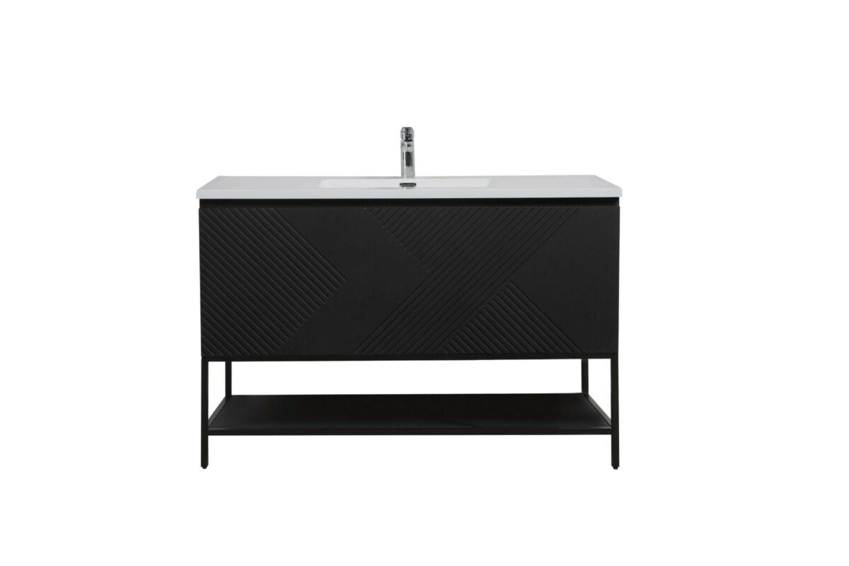 48" Black Wall Mount Bathroom Vanity with White Polymarble Countertop & Open Shelf – Image 3