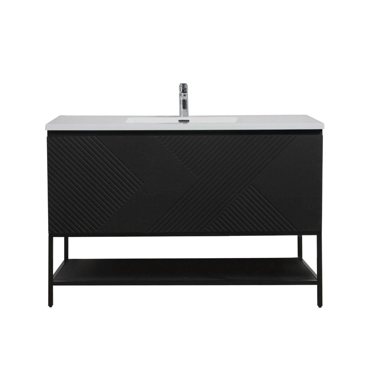 48" Black Wall Mount Bathroom Vanity with White Polymarble Countertop & Open Shelf - Image 2
