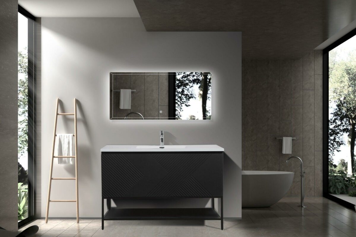 48" Black Wall Mount Bathroom Vanity with White Polymarble Countertop & Open Shelf – Image 4