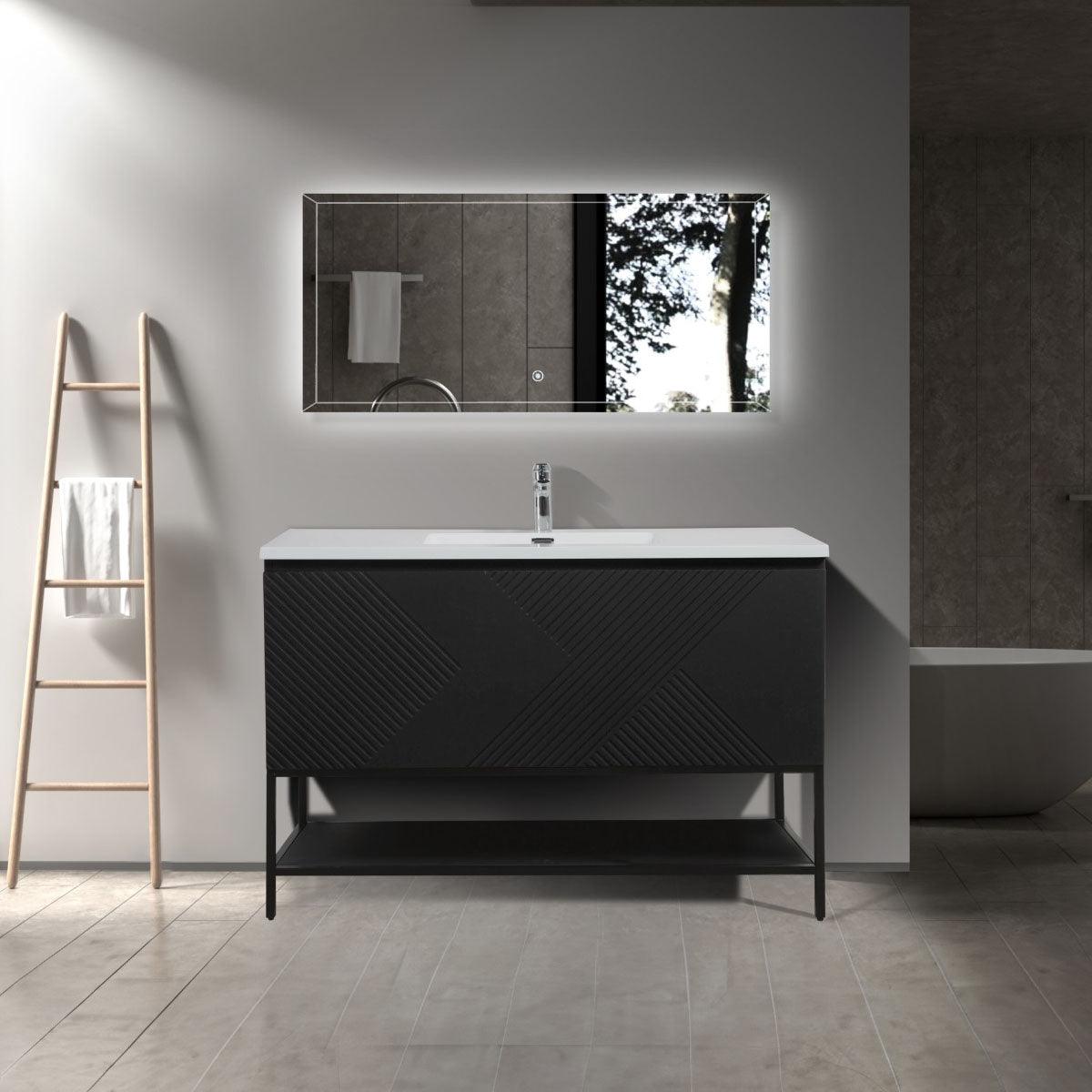 48" Black Wall Mount Bathroom Vanity with White Polymarble Countertop & Open Shelf - Image 1