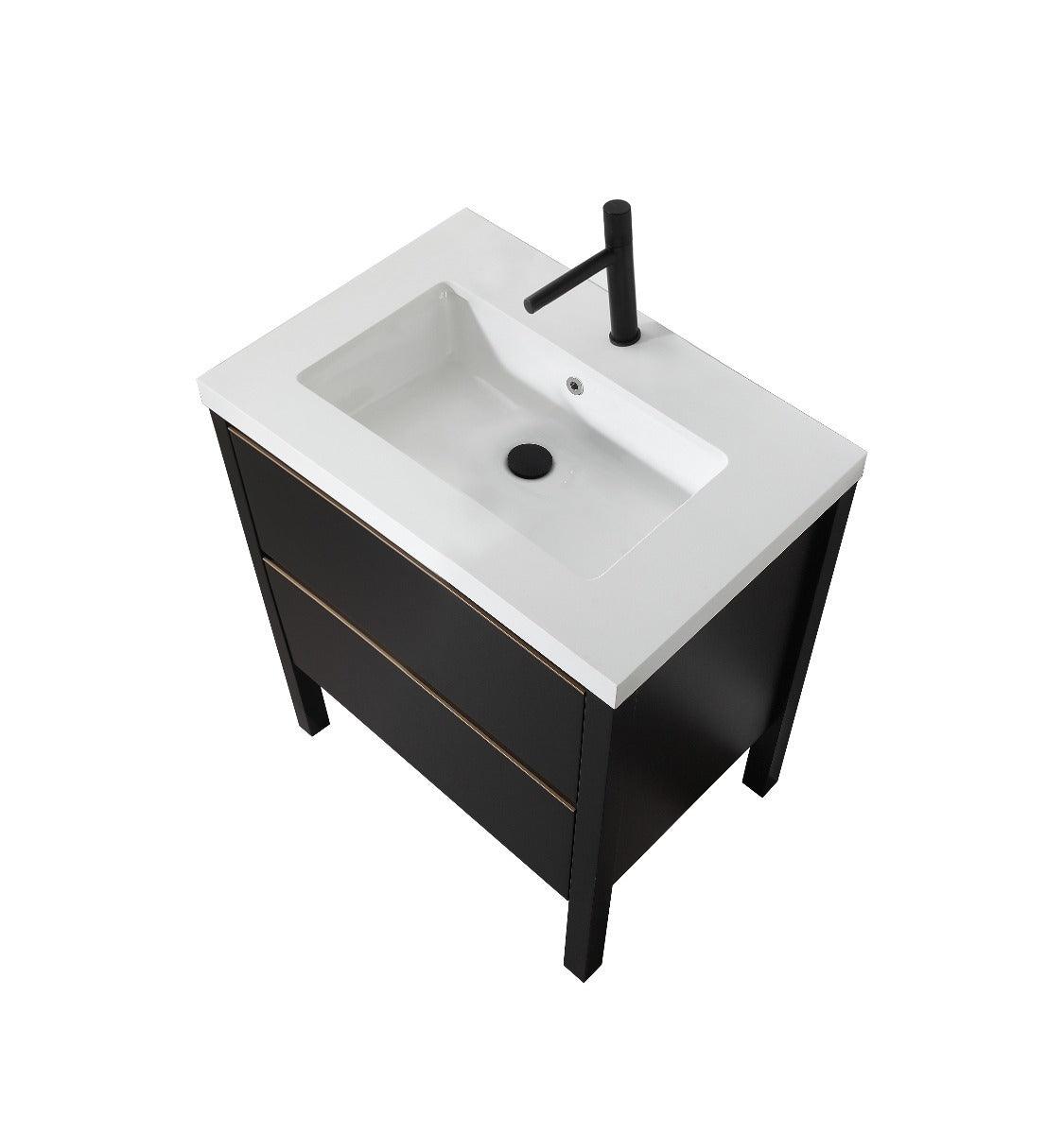 30" Black Freestanding Single Sink Bathroom Vanity with White Quartz Countertop – Image 3