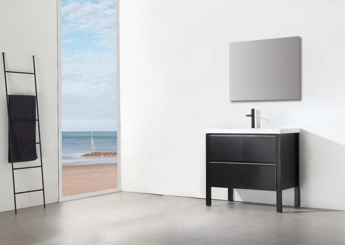 36" Black Freestanding Single Sink Bathroom Vanity with White Quartz Countertop – Image 7