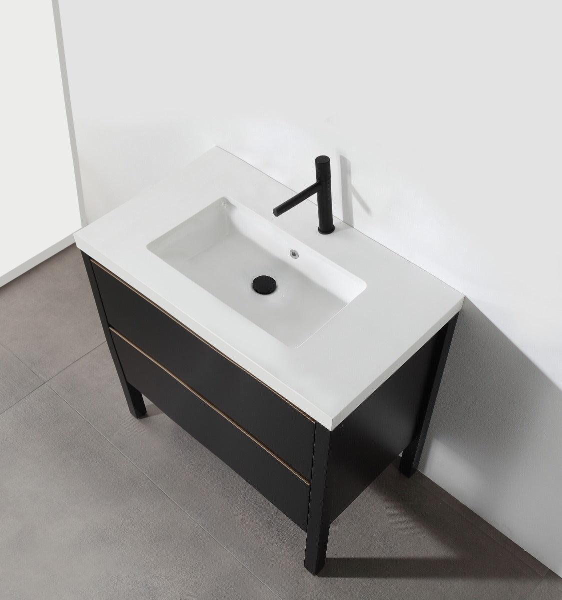 36" Black Freestanding Single Sink Bathroom Vanity with White Quartz Countertop – Image 4