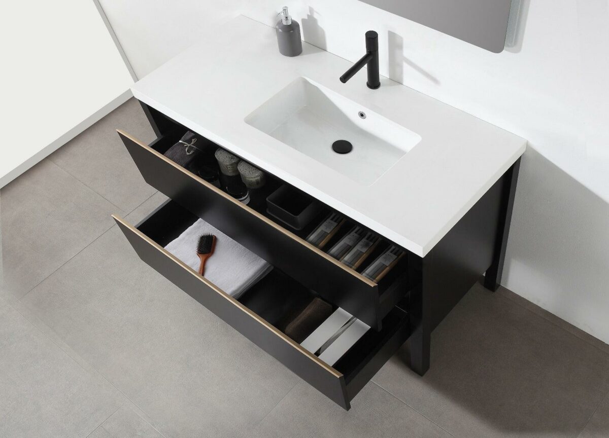48" Black Freestanding Single Sink Bathroom Vanity with White Quartz Countertop – Image 8