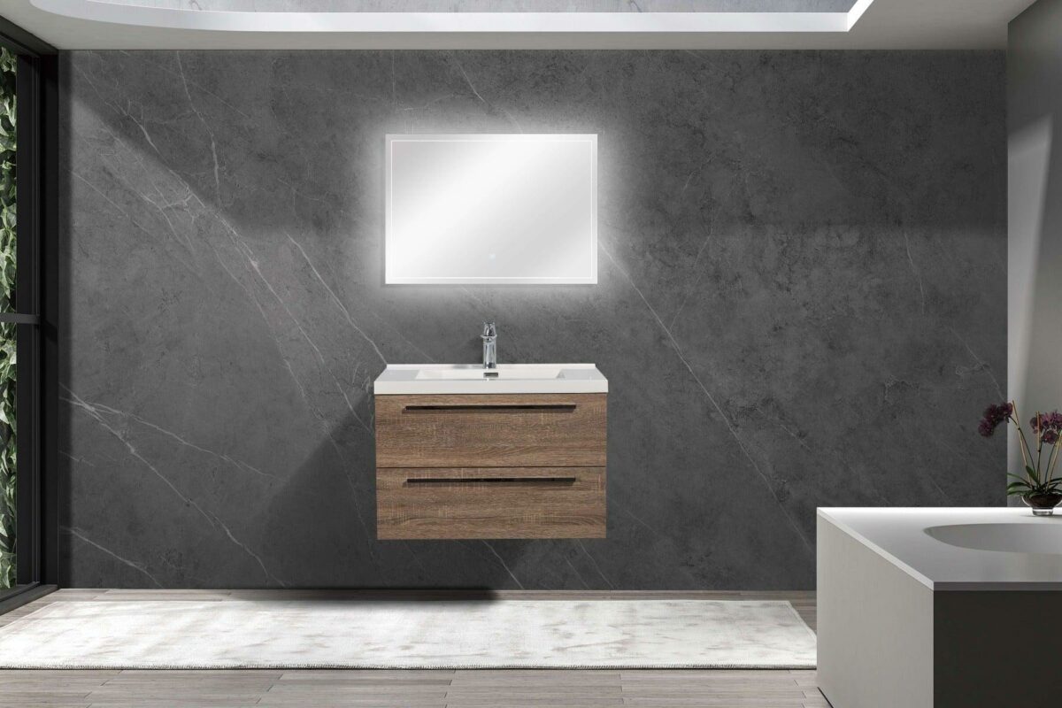 30" Soft Oak Wall Mount Bathroom Vanity with White Polymarble Countertop Sofia - Image 6