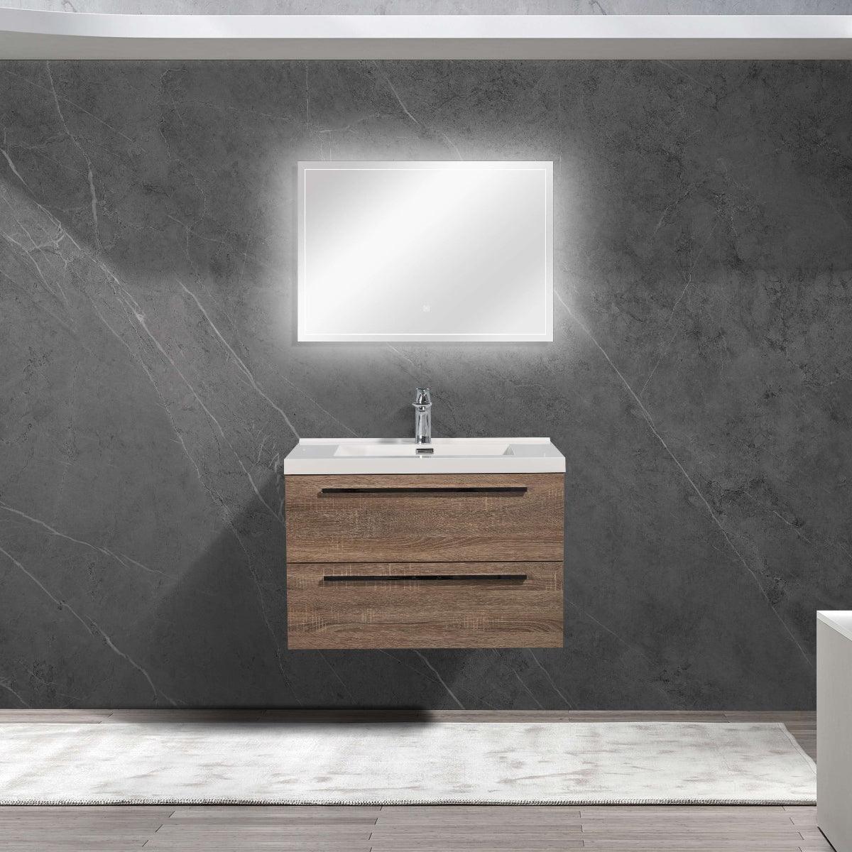 30" Soft Oak Wall Mount Bathroom Vanity with White Polymarble Countertop Sofia - Image 1
