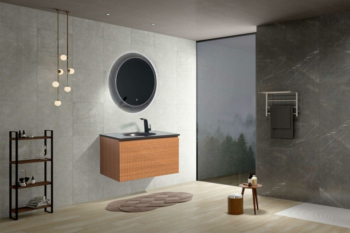 30" Light Oak Wall Mount Bathroom Vanity with Black Engineered Quartz Countertop Simon - Image 7