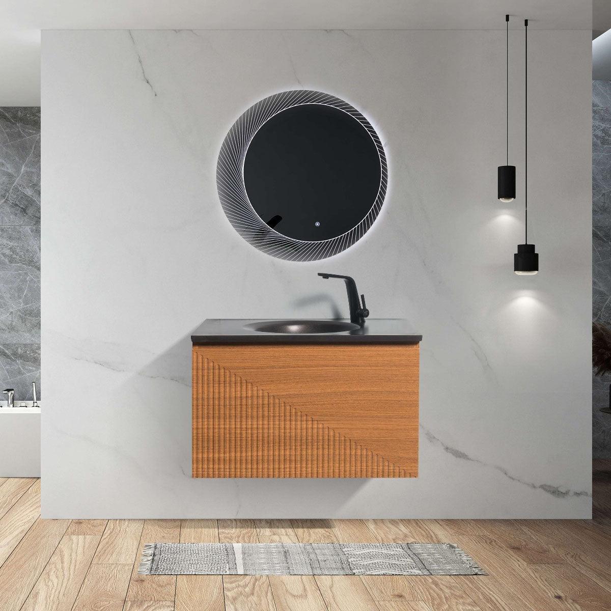 36" Light Oak Wall Mount Single Sink Bathroom Vanity with Black Engineered Quartz Countertop Simon - Image 1