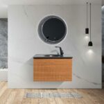 30" Light Oak Wall Mount Bathroom Vanity with Black Engineered Quartz Countertop Simon