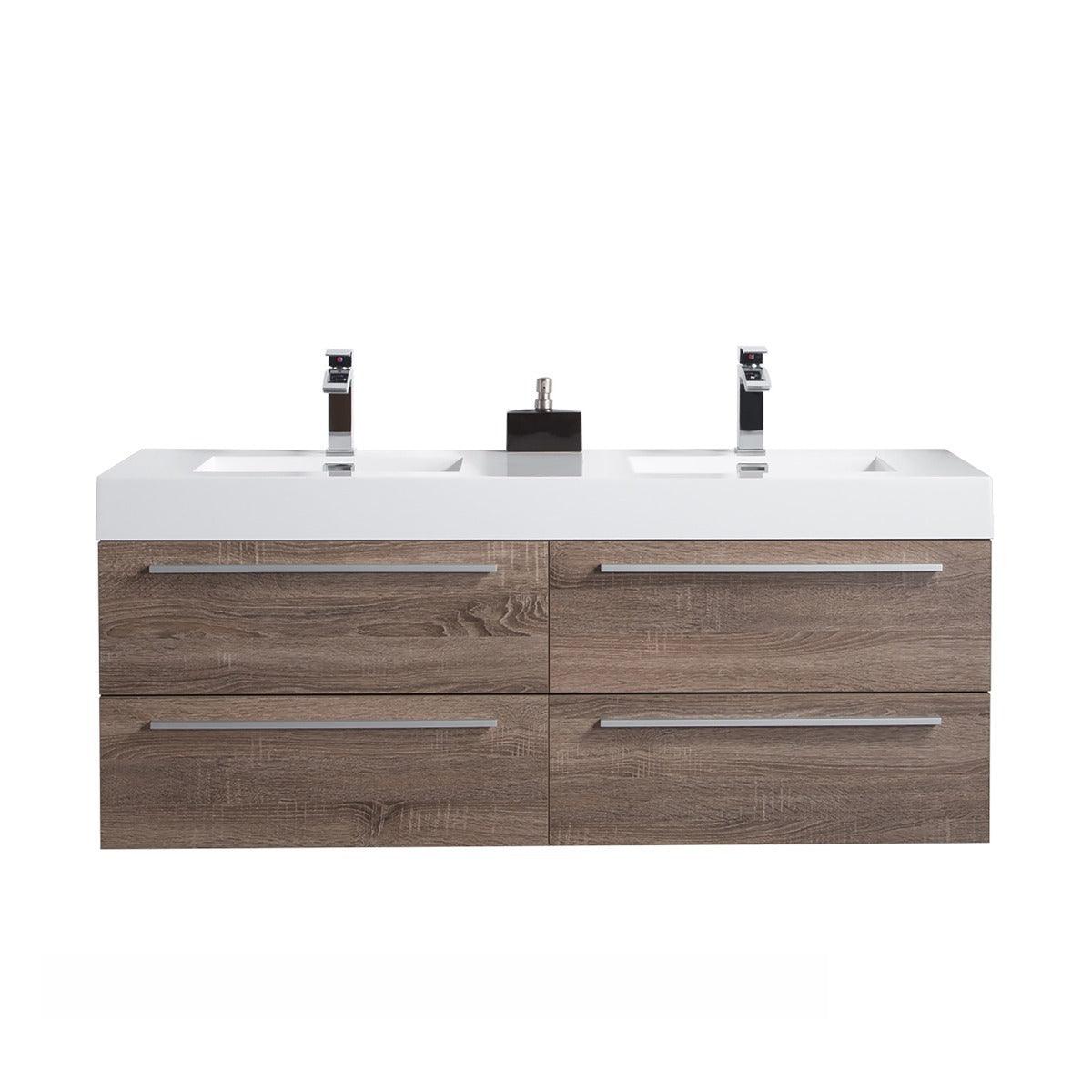 60" Soft Oak Wall Mount Double Sink Bathroom Vanity with White Polymarble Countertop Sofia – Image 2