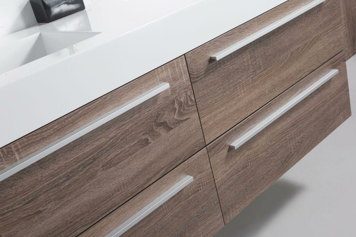 60" Soft Oak Wall Mount Double Sink Bathroom Vanity with White Polymarble Countertop Sofia - Image 5