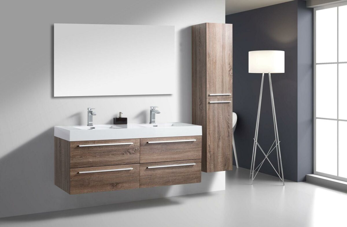 60" Soft Oak Wall Mount Double Sink Bathroom Vanity with White Polymarble Countertop Sofia - Image 8
