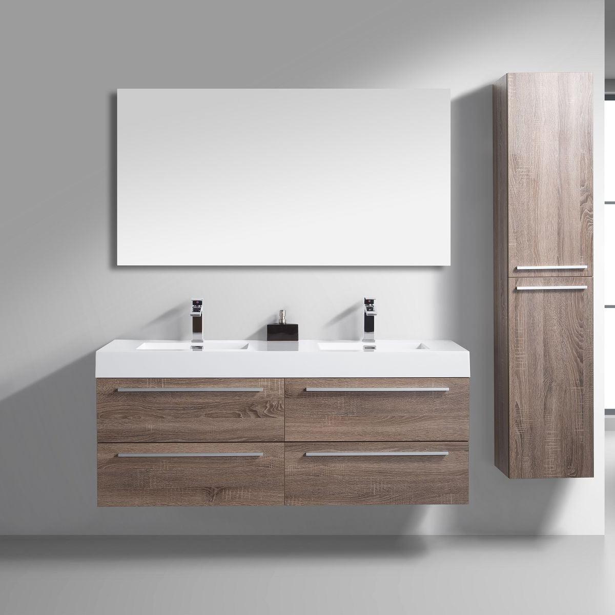 sofia_57_s._oaks 60" Soft Oak Wall Mount Double Sink Bathroom Vanity with White Polymarble Countertop Sofia - Image 1